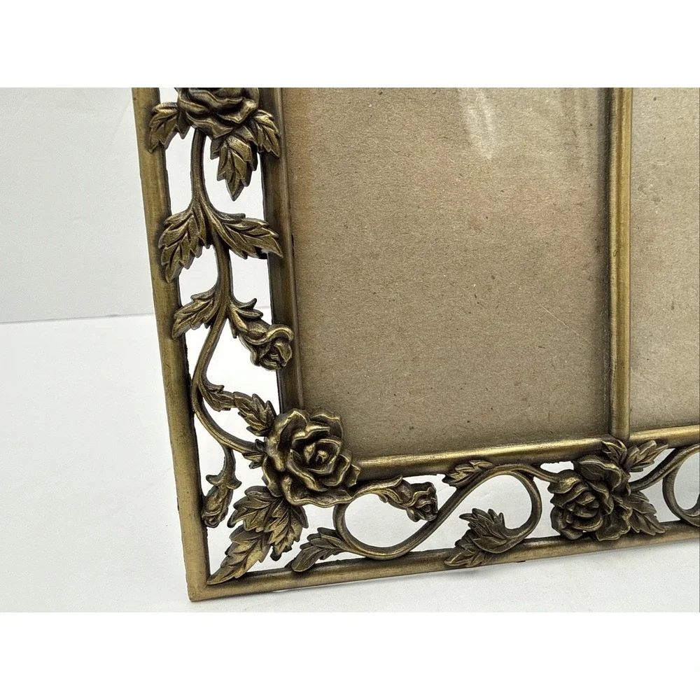 Vintage Brass Rose Picture Frame Ornate Floral Victorian Tabletop